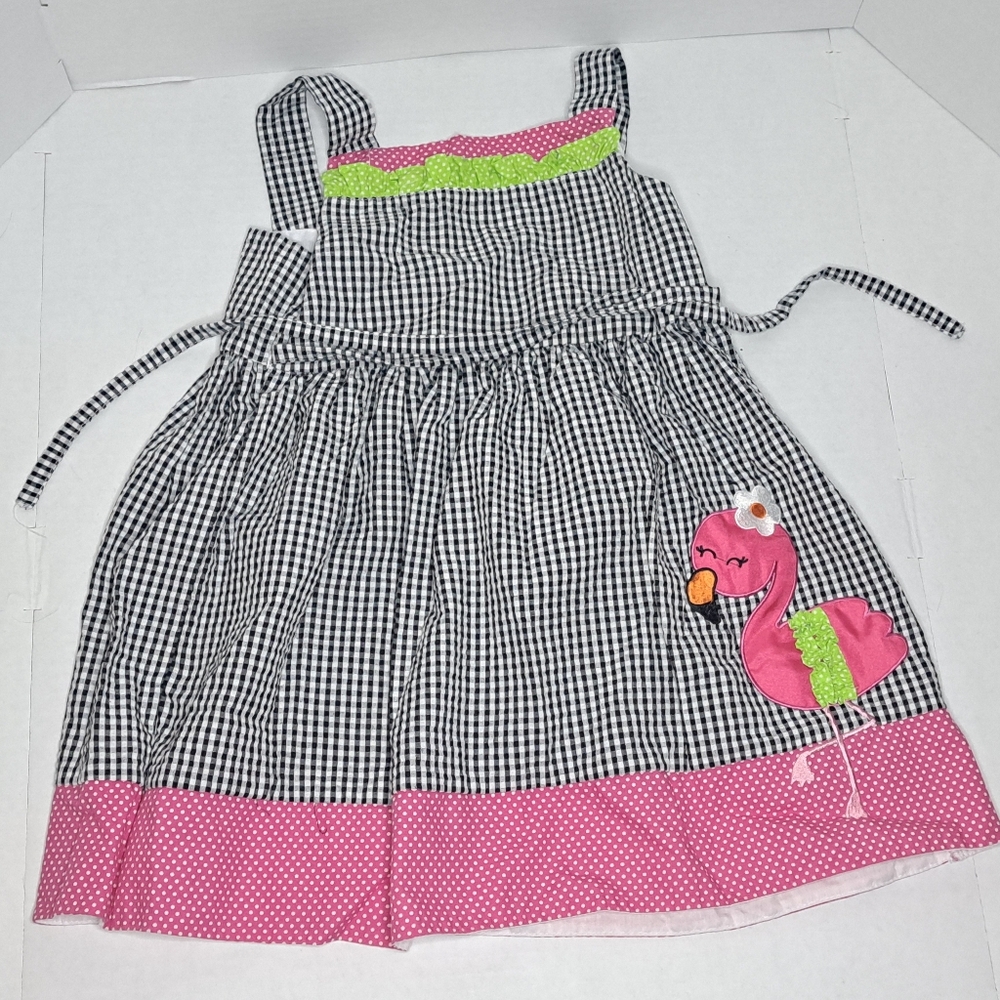 Rare Editions Black and White Gingham Dress With Flamingo Patch Size 4T